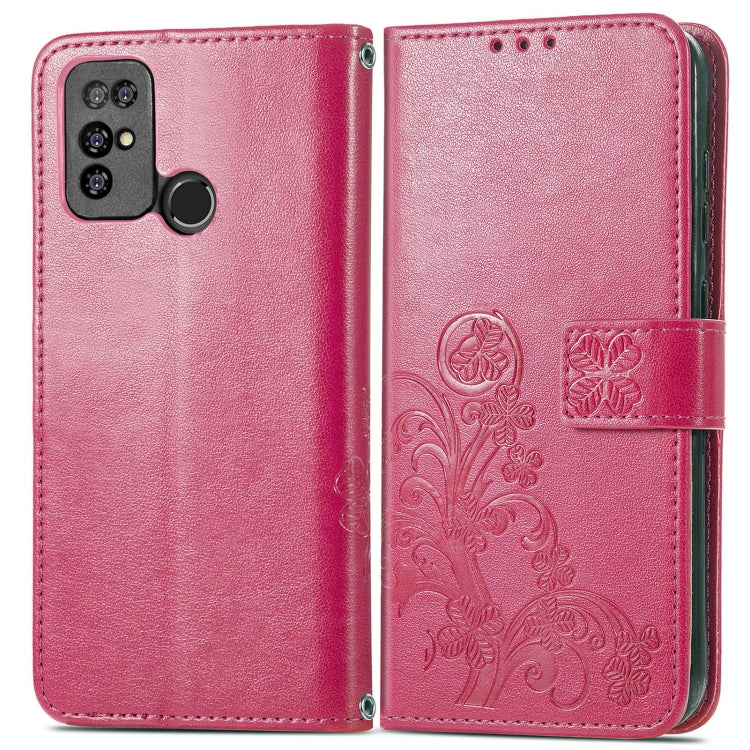 For  Doogee X96 Pro Four-leaf Clasp Embossed Buckle Mobile Phone Protection Leather Case with Lanyard & Card Slot & Wallet & Bracket Function