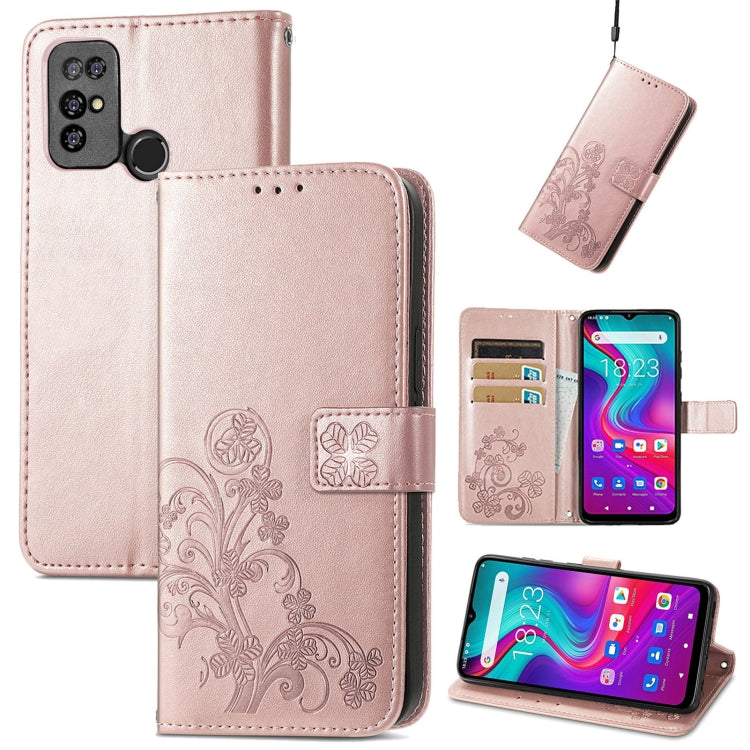 For  Doogee X96 Pro Four-leaf Clasp Embossed Buckle Mobile Phone Protection Leather Case with Lanyard & Card Slot & Wallet & Bracket Function