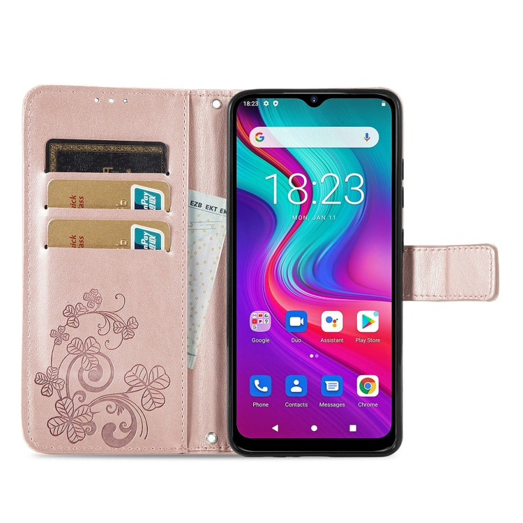 For  Doogee X96 Pro Four-leaf Clasp Embossed Buckle Mobile Phone Protection Leather Case with Lanyard & Card Slot & Wallet & Bracket Function