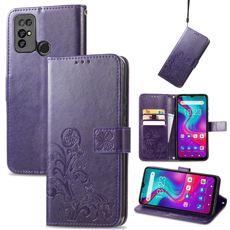 For  Doogee X96 Pro Four-leaf Clasp Embossed Buckle Mobile Phone Protection Leather Case with Lanyard & Card Slot & Wallet & Bracket Function
