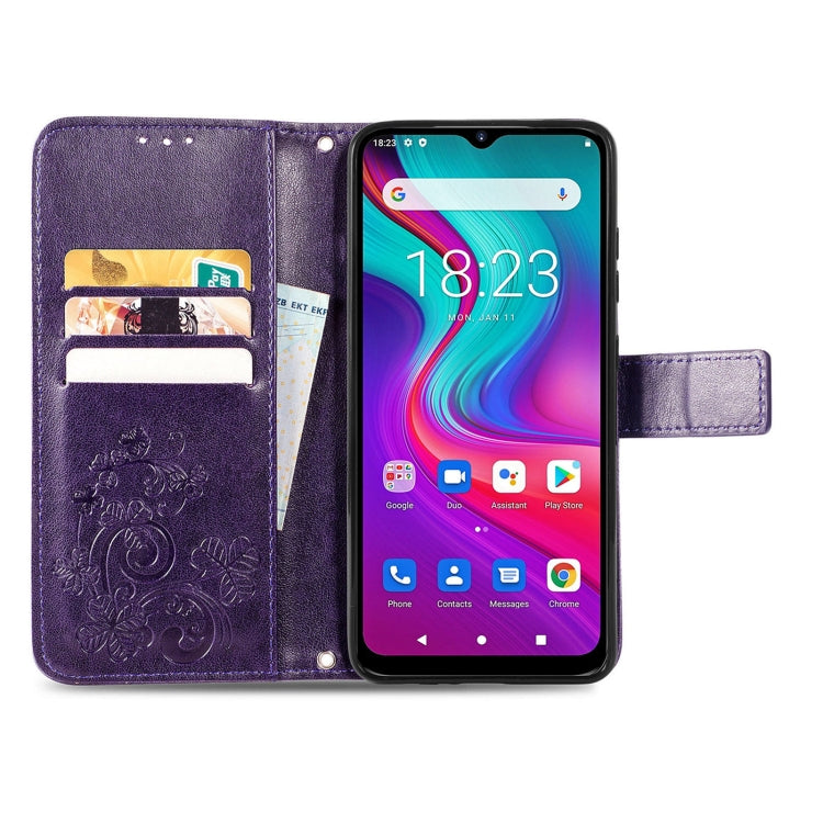 For  Doogee X96 Pro Four-leaf Clasp Embossed Buckle Mobile Phone Protection Leather Case with Lanyard & Card Slot & Wallet & Bracket Function