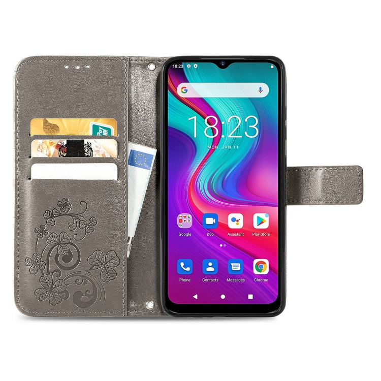 For  Doogee X96 Pro Four-leaf Clasp Embossed Buckle Mobile Phone Protection Leather Case with Lanyard & Card Slot & Wallet & Bracket Function