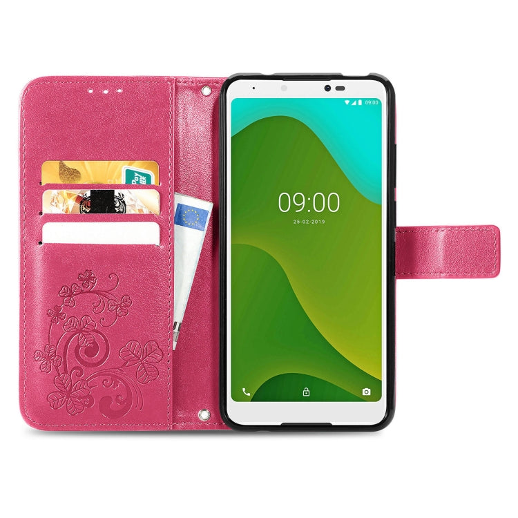 For Wiko Jerry 4 Four-leaf Clasp Embossed Buckle Mobile Phone Protection Leather Case with Lanyard & Card Slot & Wallet & Bracket Function