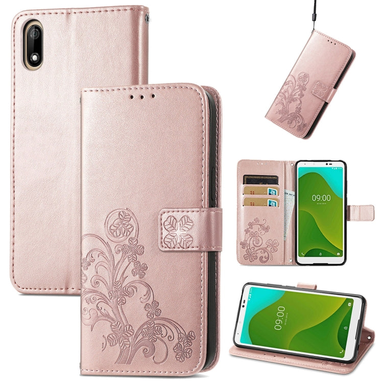 For Wiko Jerry 4 Four-leaf Clasp Embossed Buckle Mobile Phone Protection Leather Case with Lanyard & Card Slot & Wallet & Bracket Function