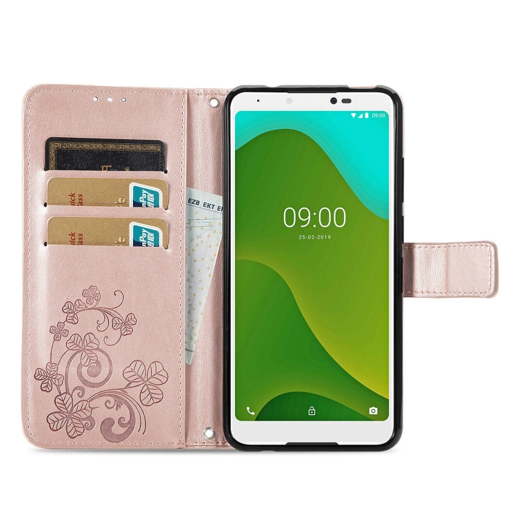 For Wiko Jerry 4 Four-leaf Clasp Embossed Buckle Mobile Phone Protection Leather Case with Lanyard & Card Slot & Wallet & Bracket Function