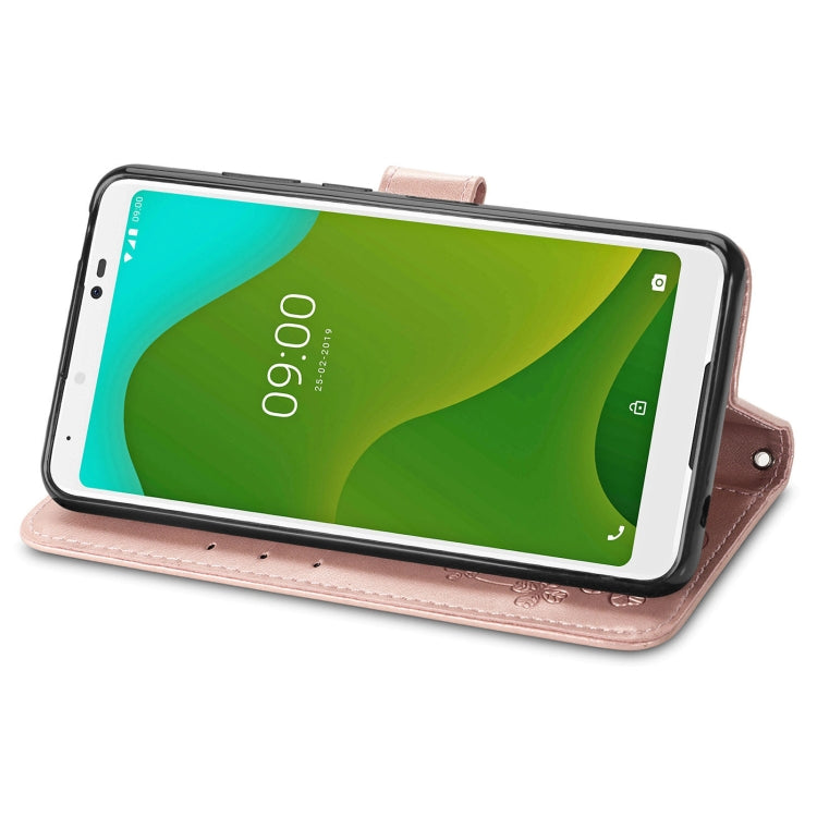 For Wiko Jerry 4 Four-leaf Clasp Embossed Buckle Mobile Phone Protection Leather Case with Lanyard & Card Slot & Wallet & Bracket Function
