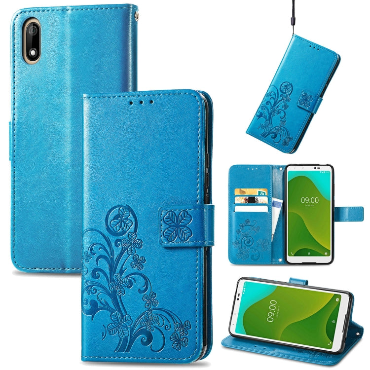 For Wiko Jerry 4 Four-leaf Clasp Embossed Buckle Mobile Phone Protection Leather Case with Lanyard & Card Slot & Wallet & Bracket Function