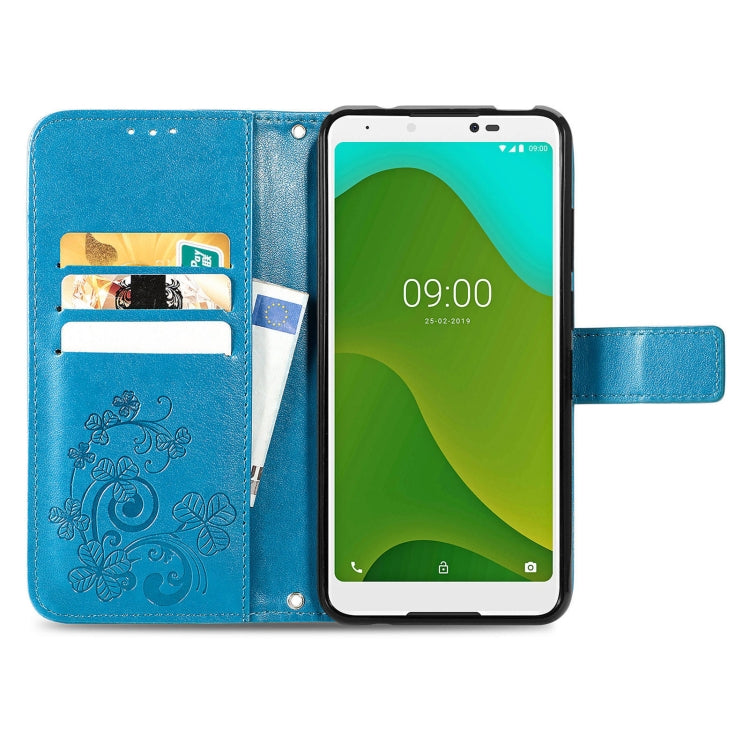 For Wiko Jerry 4 Four-leaf Clasp Embossed Buckle Mobile Phone Protection Leather Case with Lanyard & Card Slot & Wallet & Bracket Function