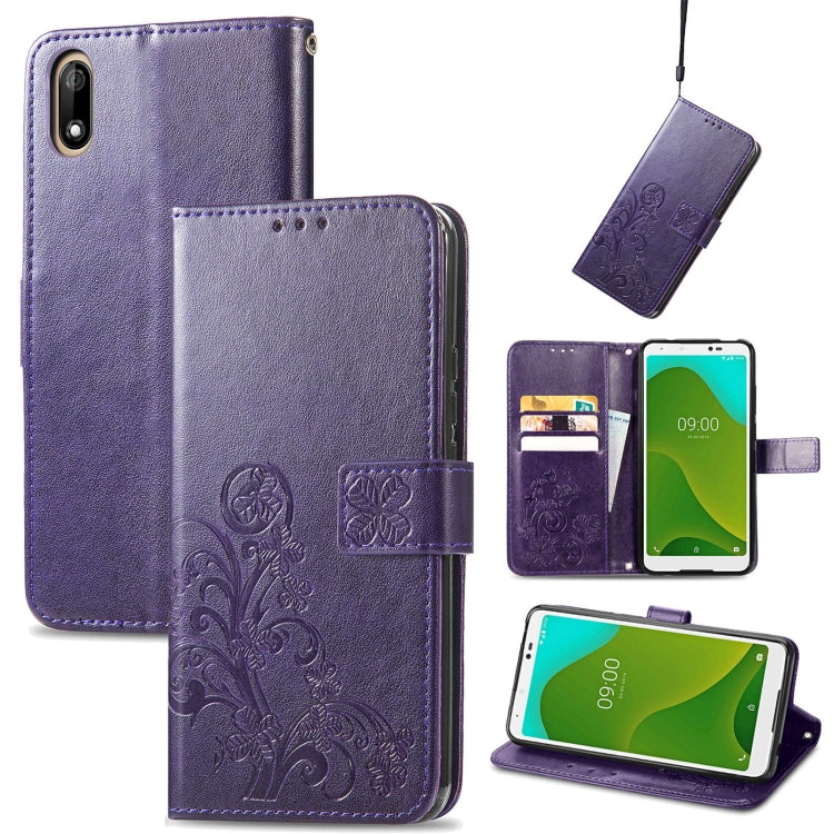 For Wiko Jerry 4 Four-leaf Clasp Embossed Buckle Mobile Phone Protection Leather Case with Lanyard & Card Slot & Wallet & Bracket Function