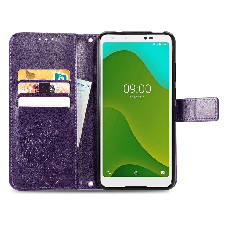 For Wiko Jerry 4 Four-leaf Clasp Embossed Buckle Mobile Phone Protection Leather Case with Lanyard & Card Slot & Wallet & Bracket Function