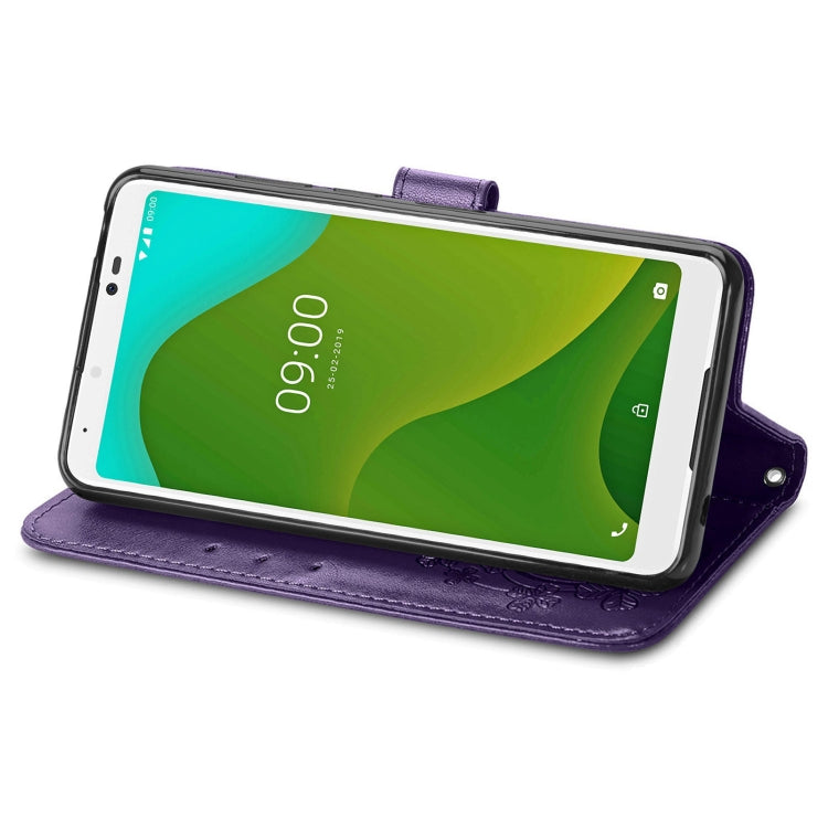 For Wiko Jerry 4 Four-leaf Clasp Embossed Buckle Mobile Phone Protection Leather Case with Lanyard & Card Slot & Wallet & Bracket Function
