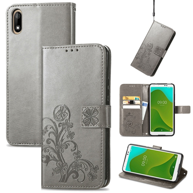 For Wiko Jerry 4 Four-leaf Clasp Embossed Buckle Mobile Phone Protection Leather Case with Lanyard & Card Slot & Wallet & Bracket Function
