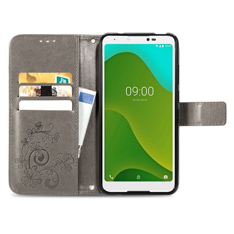 For Wiko Jerry 4 Four-leaf Clasp Embossed Buckle Mobile Phone Protection Leather Case with Lanyard & Card Slot & Wallet & Bracket Function