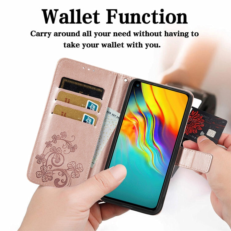 For Wiko Jerry 4 Four-leaf Clasp Embossed Buckle Mobile Phone Protection Leather Case with Lanyard & Card Slot & Wallet & Bracket Function