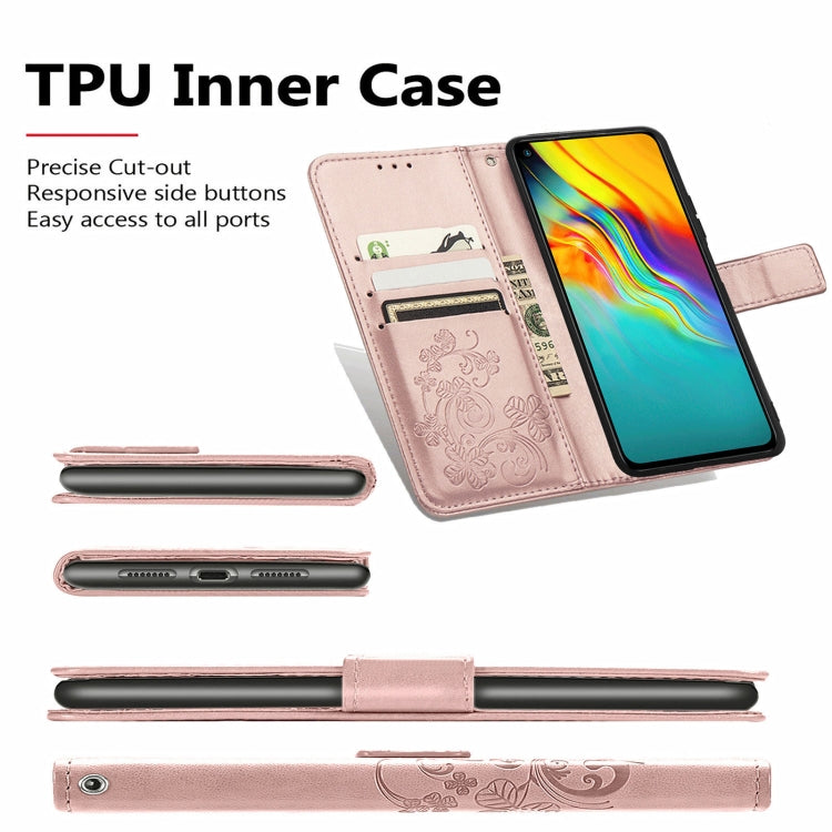 For Wiko Jerry 4 Four-leaf Clasp Embossed Buckle Mobile Phone Protection Leather Case with Lanyard & Card Slot & Wallet & Bracket Function