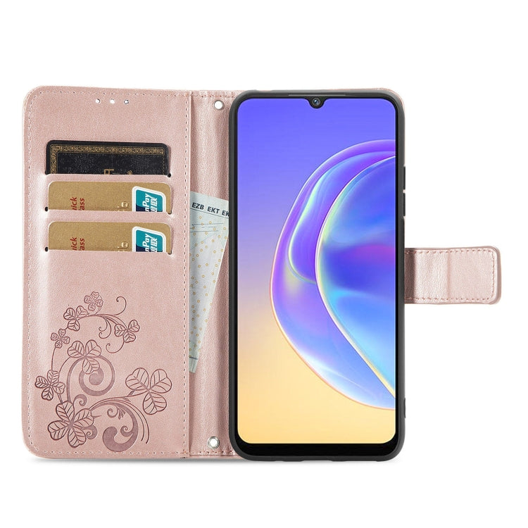 For vivo V21e 4G Four-leaf Clasp Embossed Buckle Mobile Phone Protection Leather Case with Lanyard & Card Slot & Wallet & Bracket Function
