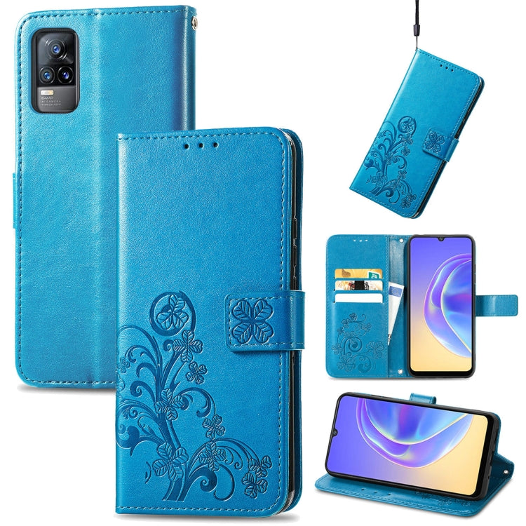 For vivo V21e 4G Four-leaf Clasp Embossed Buckle Mobile Phone Protection Leather Case with Lanyard & Card Slot & Wallet & Bracket Function