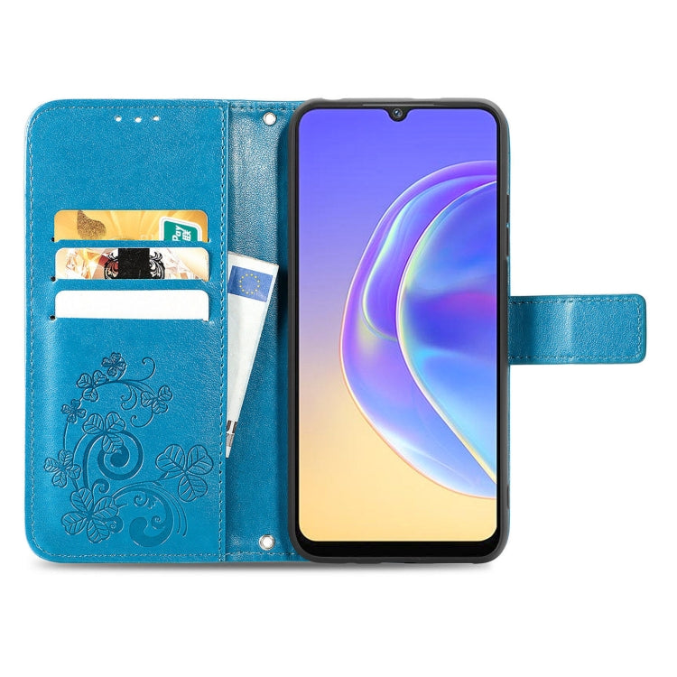 For vivo V21e 4G Four-leaf Clasp Embossed Buckle Mobile Phone Protection Leather Case with Lanyard & Card Slot & Wallet & Bracket Function