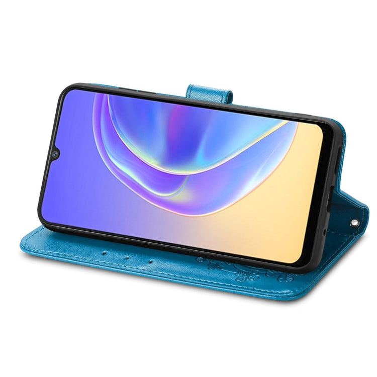 For vivo V21e 4G Four-leaf Clasp Embossed Buckle Mobile Phone Protection Leather Case with Lanyard & Card Slot & Wallet & Bracket Function