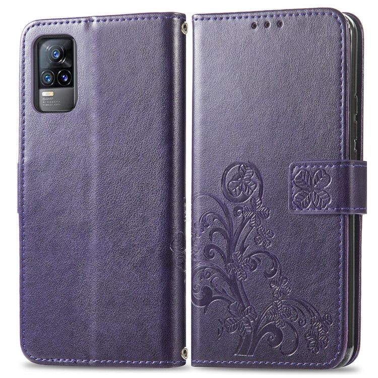 For vivo V21e 4G Four-leaf Clasp Embossed Buckle Mobile Phone Protection Leather Case with Lanyard & Card Slot & Wallet & Bracket Function
