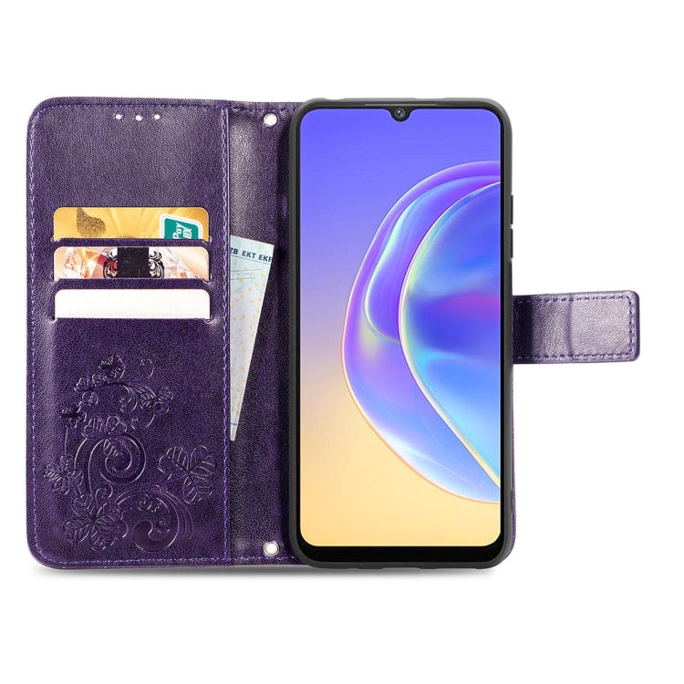 For vivo V21e 4G Four-leaf Clasp Embossed Buckle Mobile Phone Protection Leather Case with Lanyard & Card Slot & Wallet & Bracket Function