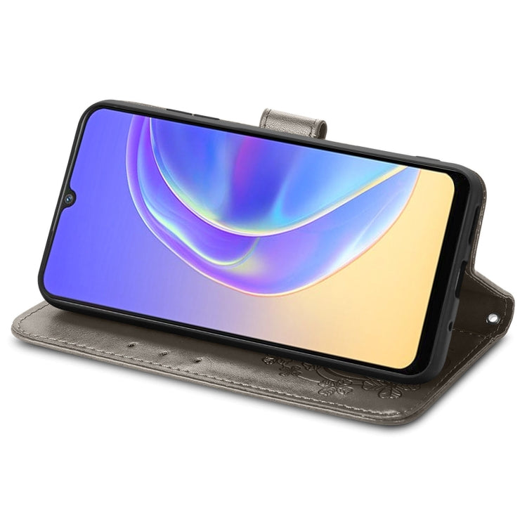 For vivo V21e 4G Four-leaf Clasp Embossed Buckle Mobile Phone Protection Leather Case with Lanyard & Card Slot & Wallet & Bracket Function