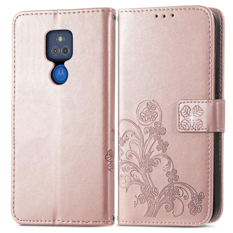 For Motorola G Play Four-leaf Clasp Embossed Buckle Mobile Phone Protection Leather Case with Lanyard & Card Slot & Wallet & Bracket Function