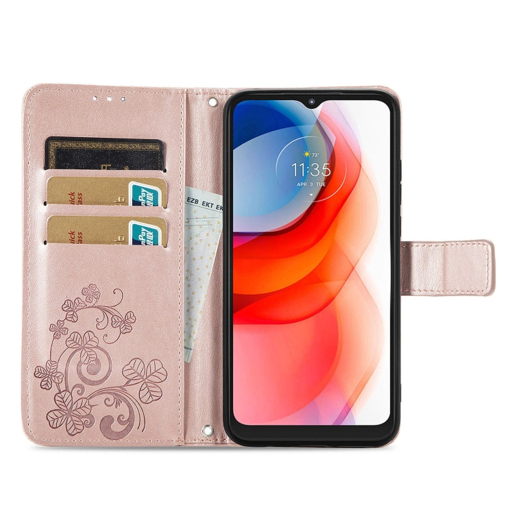 For Motorola G Play Four-leaf Clasp Embossed Buckle Mobile Phone Protection Leather Case with Lanyard & Card Slot & Wallet & Bracket Function