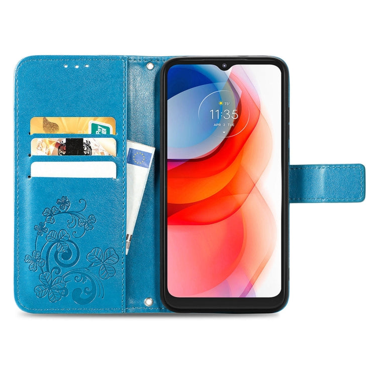 For Motorola G Play Four-leaf Clasp Embossed Buckle Mobile Phone Protection Leather Case with Lanyard & Card Slot & Wallet & Bracket Function