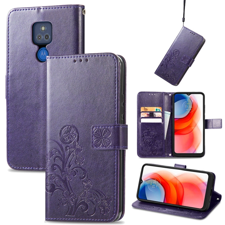For Motorola G Play Four-leaf Clasp Embossed Buckle Mobile Phone Protection Leather Case with Lanyard & Card Slot & Wallet & Bracket Function
