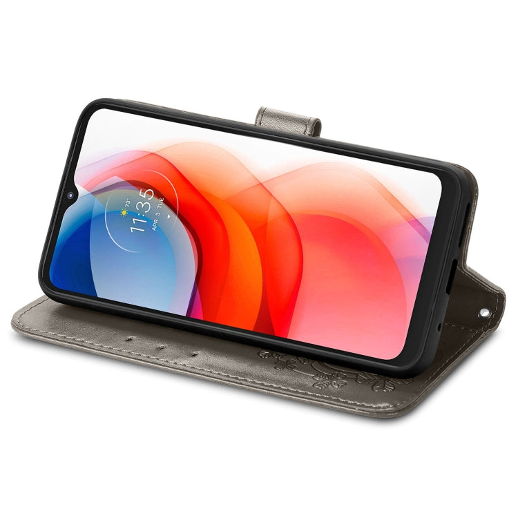 For Motorola G Play Four-leaf Clasp Embossed Buckle Mobile Phone Protection Leather Case with Lanyard & Card Slot & Wallet & Bracket Function