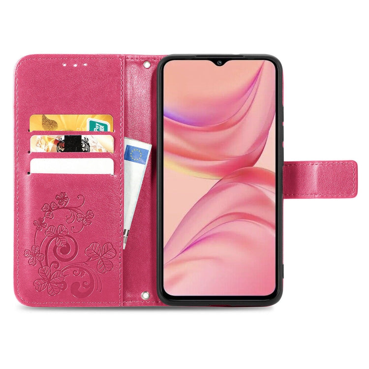 For Infinix Hot 10 Lite Four-leaf Clasp Embossed Buckle Mobile Phone Protection Leather Case with Lanyard & Card Slot & Wallet & Bracket Function