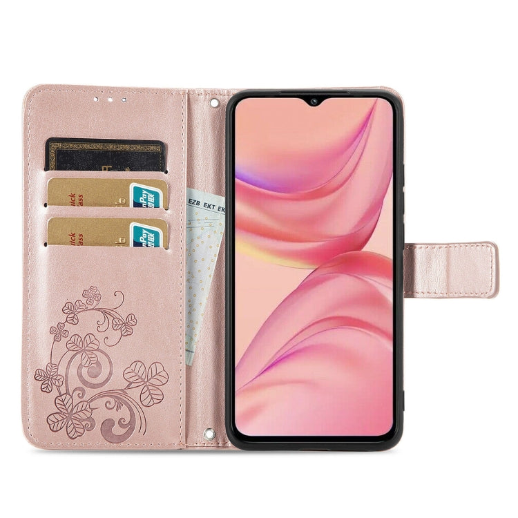 For Infinix Hot 10 Lite Four-leaf Clasp Embossed Buckle Mobile Phone Protection Leather Case with Lanyard & Card Slot & Wallet & Bracket Function