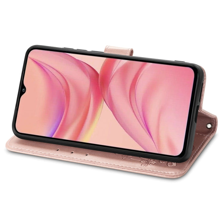 For Infinix Hot 10 Lite Four-leaf Clasp Embossed Buckle Mobile Phone Protection Leather Case with Lanyard & Card Slot & Wallet & Bracket Function