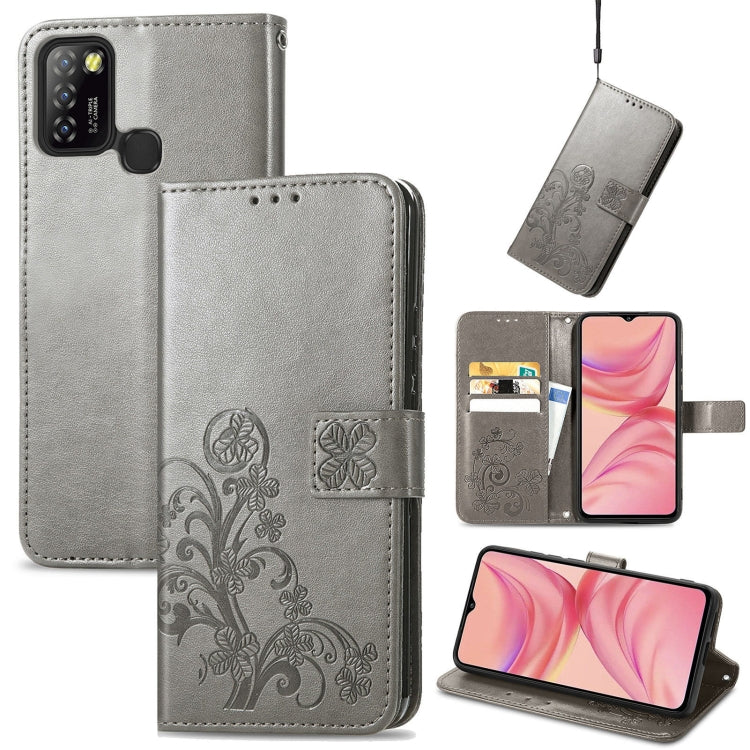 For Infinix Hot 10 Lite Four-leaf Clasp Embossed Buckle Mobile Phone Protection Leather Case with Lanyard & Card Slot & Wallet & Bracket Function