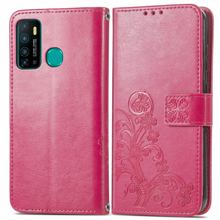 For Infinix Hot 9 Four-leaf Clasp Embossed Buckle Mobile Phone Protection Leather Case with Lanyard & Card Slot & Wallet & Bracket Function