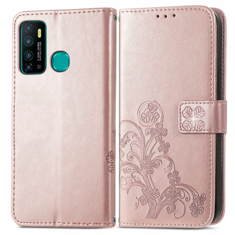For Infinix Hot 9 Four-leaf Clasp Embossed Buckle Mobile Phone Protection Leather Case with Lanyard & Card Slot & Wallet & Bracket Function