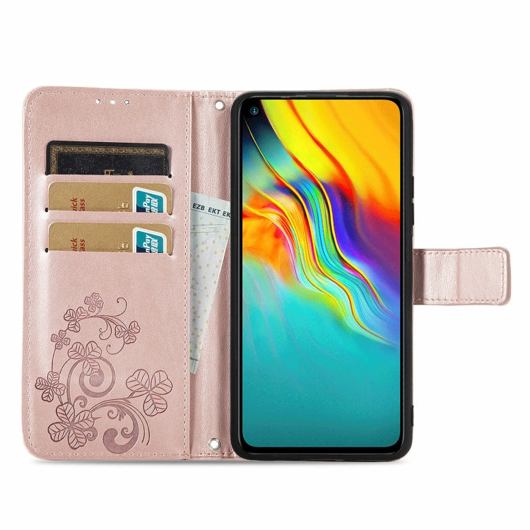 For Infinix Hot 9 Four-leaf Clasp Embossed Buckle Mobile Phone Protection Leather Case with Lanyard & Card Slot & Wallet & Bracket Function