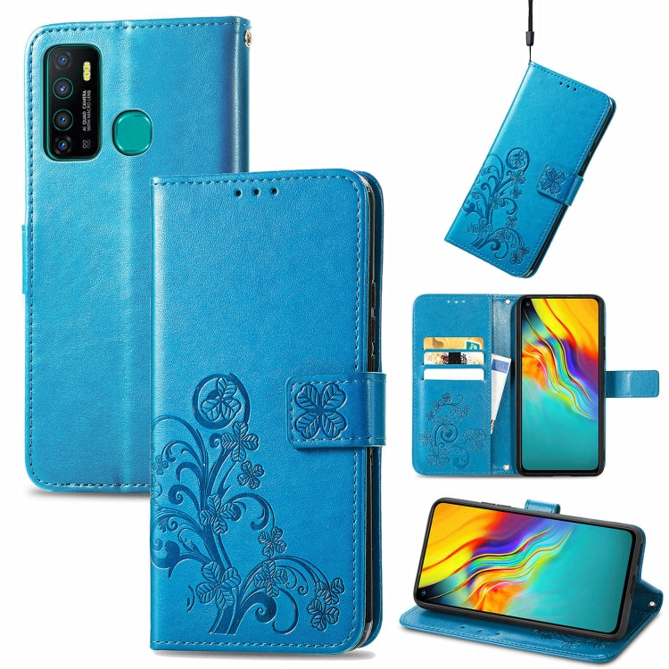 For Infinix Hot 9 Four-leaf Clasp Embossed Buckle Mobile Phone Protection Leather Case with Lanyard & Card Slot & Wallet & Bracket Function