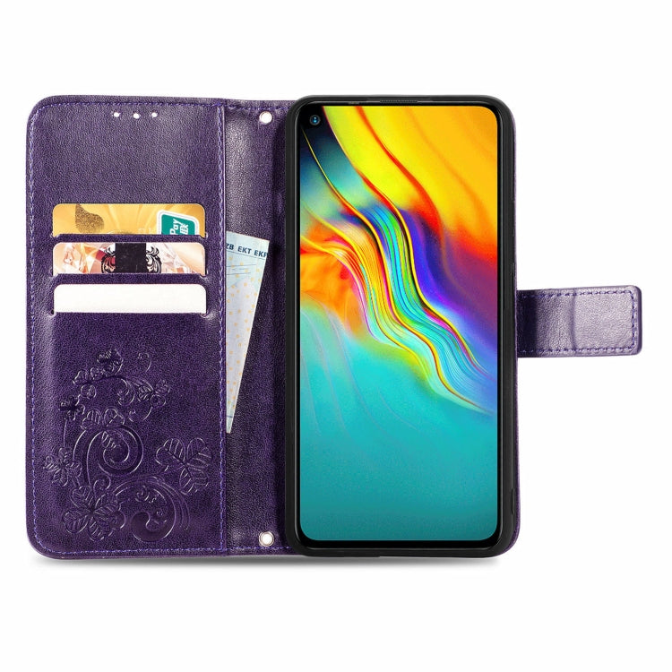 For Infinix Hot 9 Four-leaf Clasp Embossed Buckle Mobile Phone Protection Leather Case with Lanyard & Card Slot & Wallet & Bracket Function