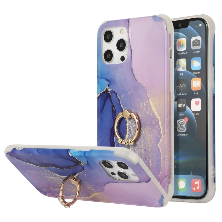 For iPhone 13 Pro Max Four Corners Shocproof Flow Gold Marble IMD Back Cover Case with Metal Rhinestone Ring