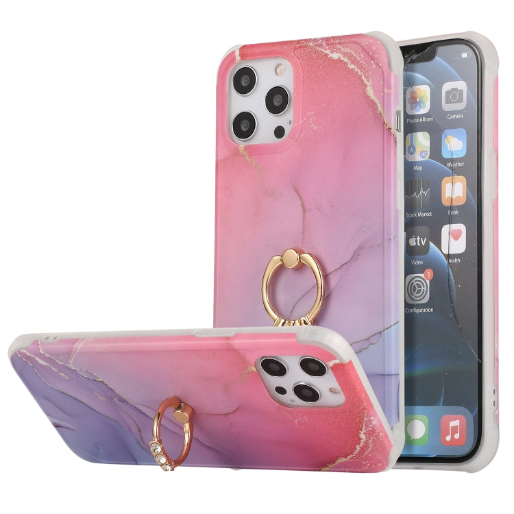 For iPhone 13 Pro Max Four Corners Shocproof Flow Gold Marble IMD Back Cover Case with Metal Rhinestone Ring