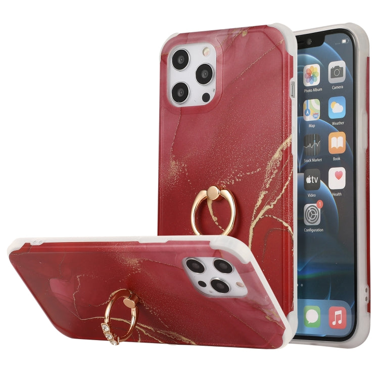 For iPhone 13 Pro Max Four Corners Shocproof Flow Gold Marble IMD Back Cover Case with Metal Rhinestone Ring