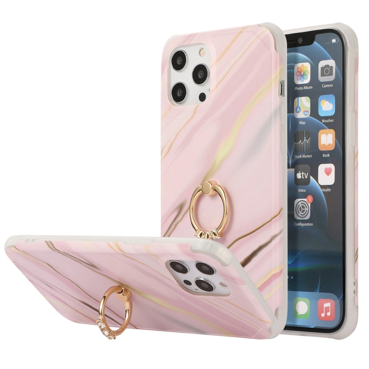 For iPhone 13 Pro Max Four Corners Shocproof Flow Gold Marble IMD Back Cover Case with Metal Rhinestone Ring
