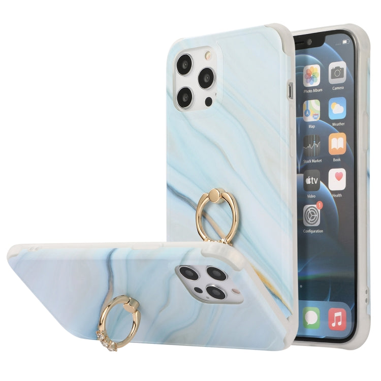For iPhone 13 Pro Max Four Corners Shocproof Flow Gold Marble IMD Back Cover Case with Metal Rhinestone Ring
