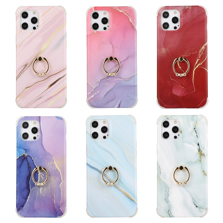 For iPhone 13 Pro Max Four Corners Shocproof Flow Gold Marble IMD Back Cover Case with Metal Rhinestone Ring