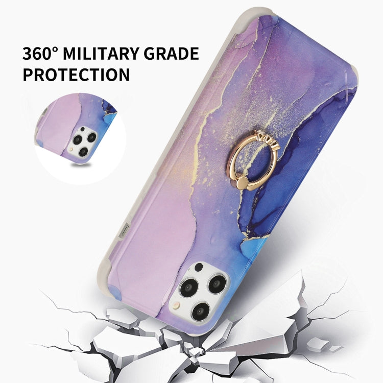 For iPhone 13 Pro Max Four Corners Shocproof Flow Gold Marble IMD Back Cover Case with Metal Rhinestone Ring