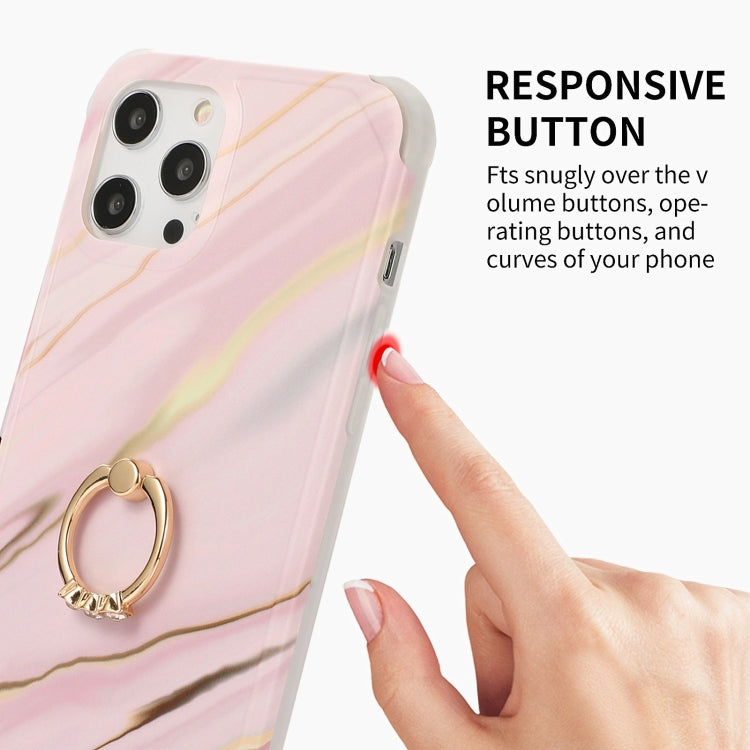 For iPhone 13 Pro Max Four Corners Shocproof Flow Gold Marble IMD Back Cover Case with Metal Rhinestone Ring