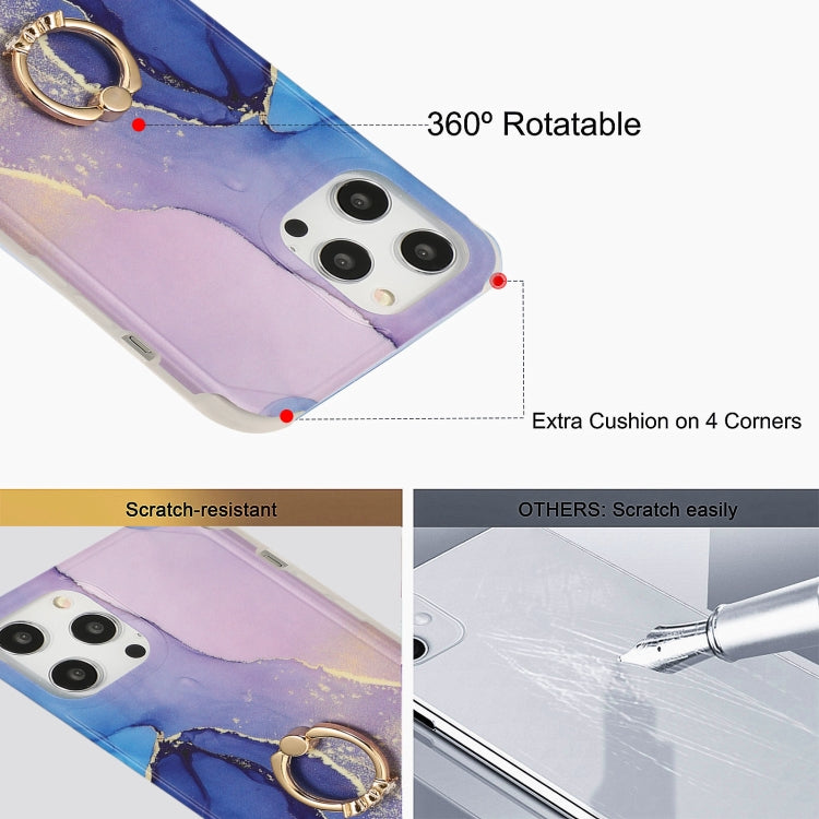 For iPhone 13 Pro Max Four Corners Shocproof Flow Gold Marble IMD Back Cover Case with Metal Rhinestone Ring
