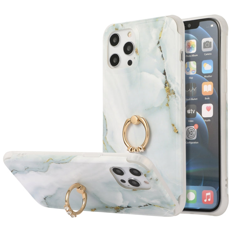For iPhone 13 Pro Four Corners Shocproof Flow Gold Marble IMD Back Cover Case with Metal Rhinestone Ring For  iPhone 13 Pro